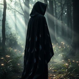 A shadowy black cloak with an iridescent shimmer that catches the light beautifully, featuring intricate small feather details woven into the fabric
