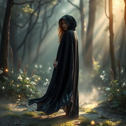 A shadowy black cloak with an iridescent shimmer that catches the light beautifully, featuring intricate small feather details woven into the fabric