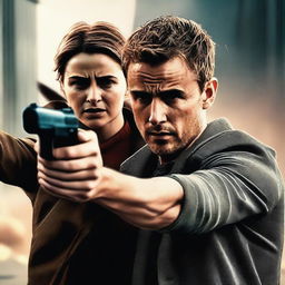 This is a high-quality digital art image depicting a tense scene where Theo James is aiming a gun at Shailene Woodley