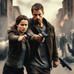 This is a high-quality digital art image depicting a tense scene where Theo James is aiming a gun at Shailene Woodley