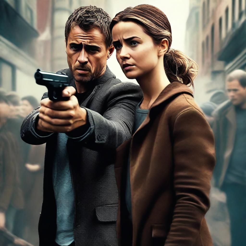 This is a high-quality digital art image depicting a tense scene where Theo James is aiming a gun at Shailene Woodley