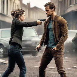 This is a high-quality digital art image depicting a tense scene where Theo James is aiming a gun at Shailene Woodley