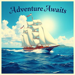 A stunning vintage-style poster featuring a majestic ship sailing on a vibrant blue sea