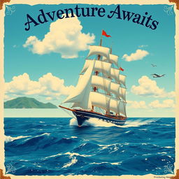 A stunning vintage-style poster featuring a majestic ship sailing on a vibrant blue sea