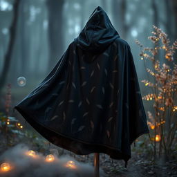 A shadowy black cloak with an iridescent shimmer that catches the light beautifully, featuring intricate small feather details woven into the fabric, displayed against a softly blurred background