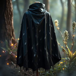 A shadowy black cloak with an iridescent shimmer that catches the light beautifully, featuring intricate small feather details woven into the fabric, displayed against a softly blurred background
