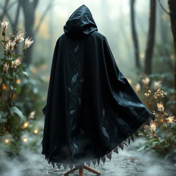 A shadowy black cloak with an iridescent shimmer that catches the light beautifully, featuring intricate small feather details woven into the fabric, displayed against a softly blurred background