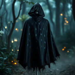 A shadowy black cloak with an iridescent shimmer that catches the light beautifully, displayed without a person inside it