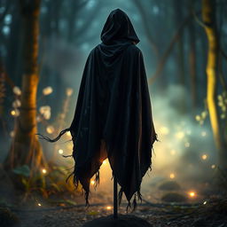 A shadowy black cloak with an iridescent shimmer that catches the light beautifully, displayed without a person inside it