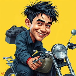 A hyper-realistic airbrush caricature of an Indonesian man with very short, messy black hair, wearing a motorcycle mechanics outfit and sneakers
