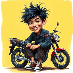 A hyper-realistic airbrush caricature of an Indonesian man with very short, messy black hair, wearing a motorcycle mechanics outfit and sneakers