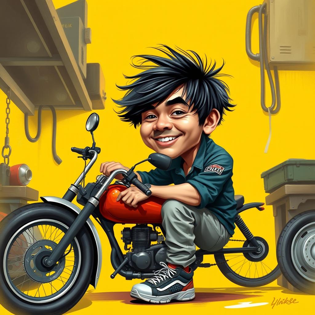 A hyper-realistic airbrush caricature of an Indonesian man with very short, messy black hair, wearing a motorcycle mechanics outfit and sneakers