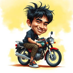 A hyper-realistic airbrush caricature of an Indonesian man with very short, messy black hair, wearing a motorcycle mechanics outfit and sneakers