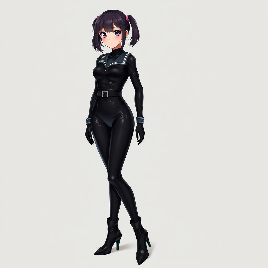 A school girl dressed in a sleek black latex catsuit, accentuated with a stylish waist belt