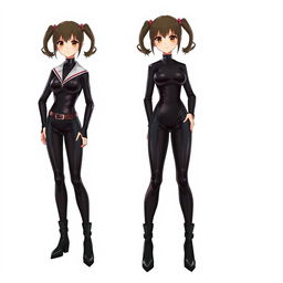 A school girl dressed in a sleek black latex catsuit, accentuated with a stylish waist belt