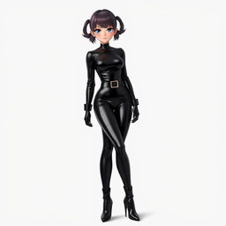 A school girl dressed in a sleek black latex catsuit, accentuated with a stylish waist belt