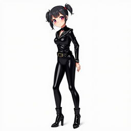 A school girl dressed in a sleek black latex catsuit, accentuated with a stylish waist belt