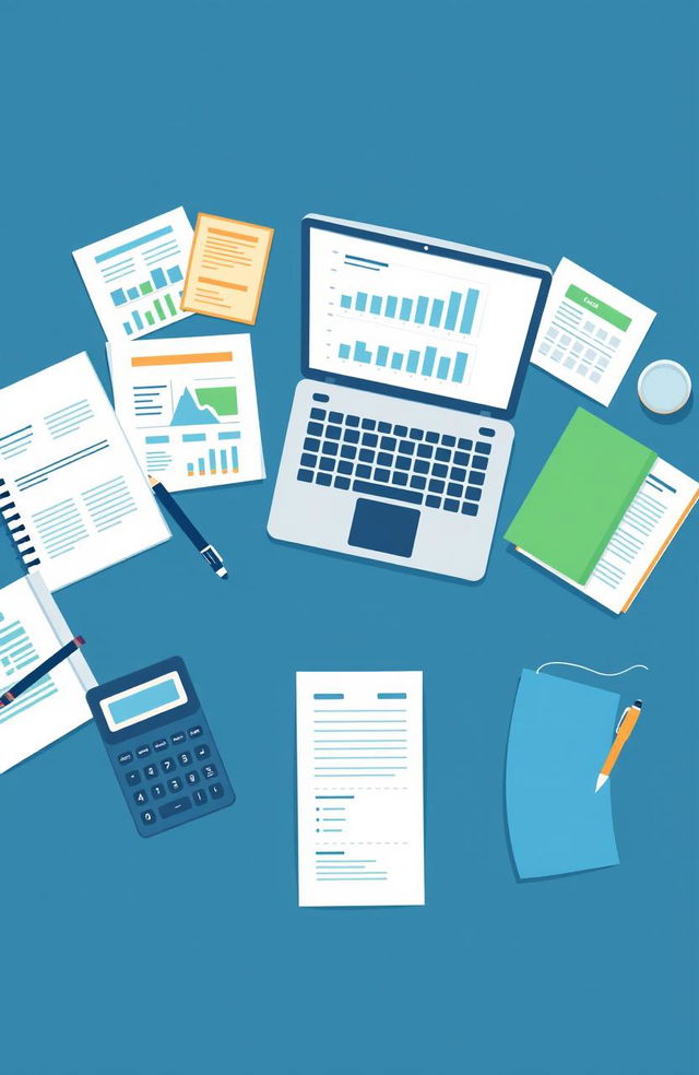 A visually appealing illustration representing the fundamentals of basic accounting, including elements like a calculator, financial statements, a balance sheet, and accounting books