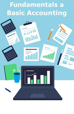 A visually appealing illustration representing the fundamentals of basic accounting, including elements like a calculator, financial statements, a balance sheet, and accounting books