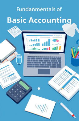 A visually appealing illustration representing the fundamentals of basic accounting, including elements like a calculator, financial statements, a balance sheet, and accounting books