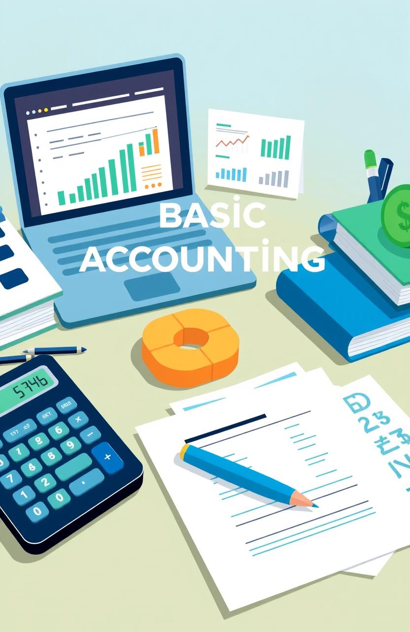 A visually appealing illustration representing the fundamentals of basic accounting, including elements like a calculator, financial statements, a balance sheet, and accounting books