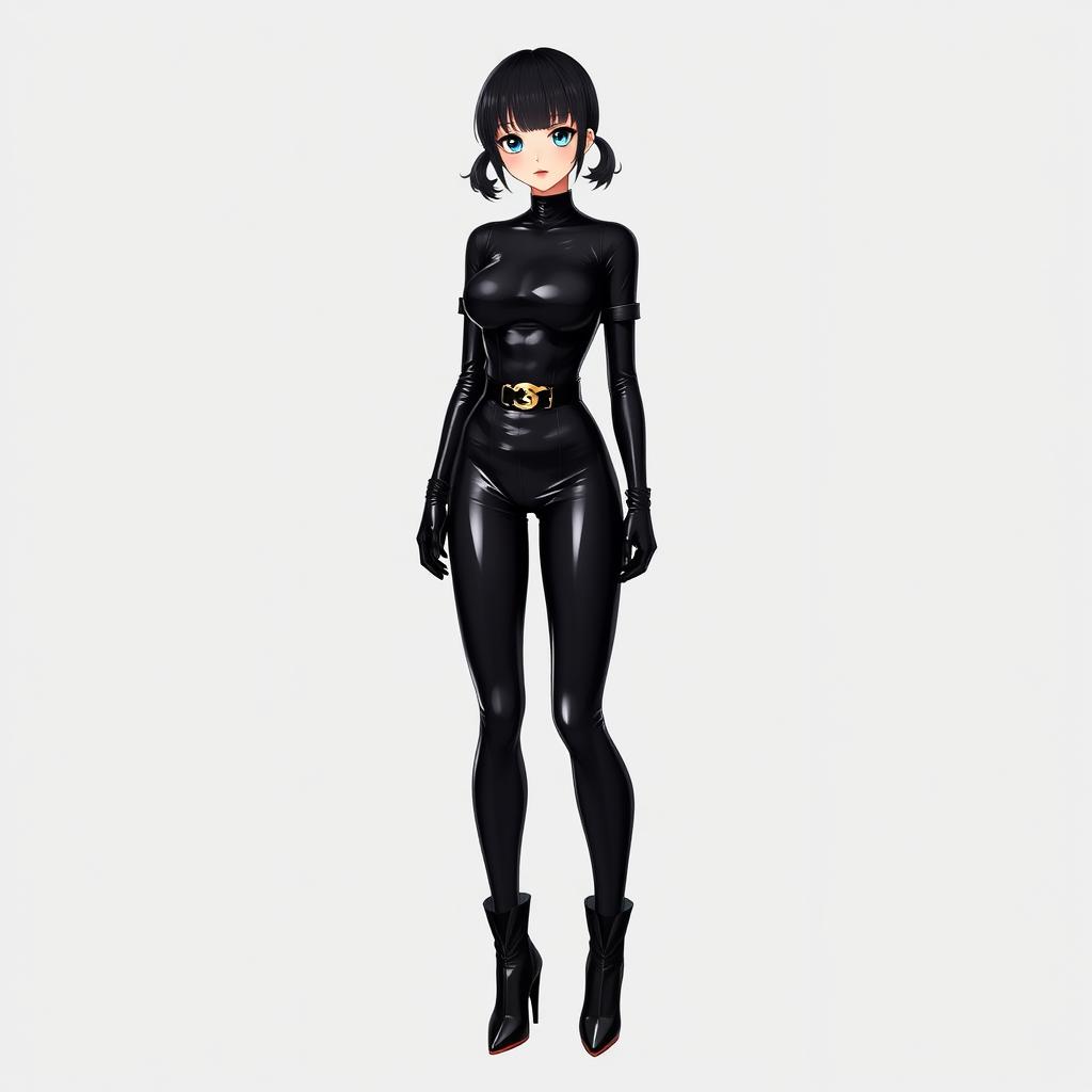 A school girl dressed in a form-fitting black latex catsuit, enhanced with a chic waist belt