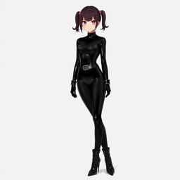A school girl dressed in a form-fitting black latex catsuit, enhanced with a chic waist belt