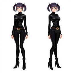 A school girl dressed in a form-fitting black latex catsuit, enhanced with a chic waist belt