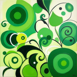 A vibrant abstract painting featuring bold geometric shapes with a harmonious blend of greens, including shades like emerald, lime, and forest green