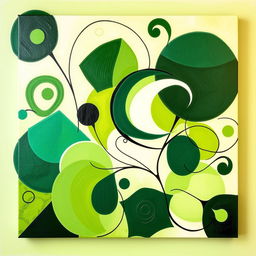 A vibrant abstract painting featuring bold geometric shapes with a harmonious blend of greens, including shades like emerald, lime, and forest green