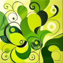 A vibrant abstract painting featuring bold geometric shapes with a harmonious blend of greens, including shades like emerald, lime, and forest green