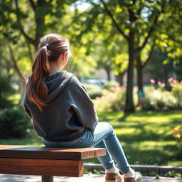 A high school girl sitting on a wooden bench in a school park, with her back facing the viewer