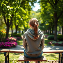 A high school girl sitting on a wooden bench in a school park, with her back facing the viewer