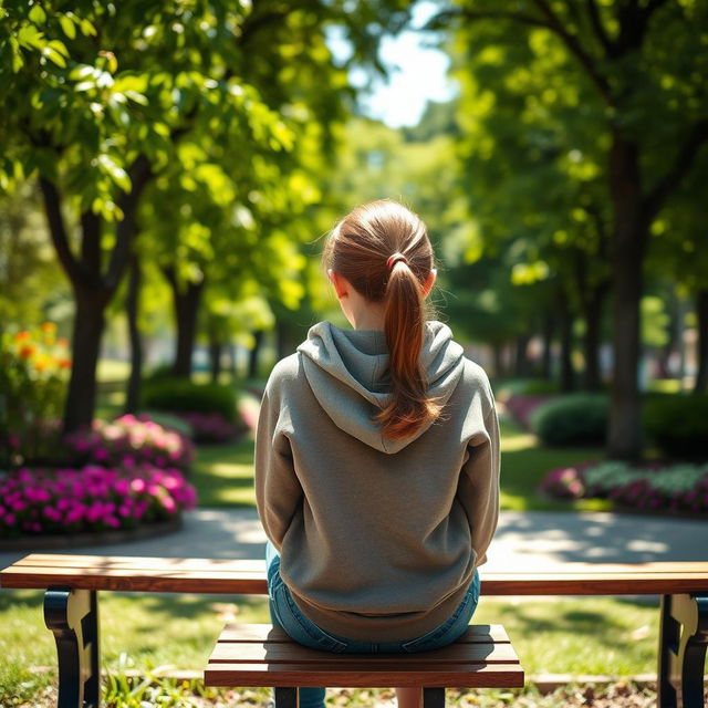 A high school girl sitting on a wooden bench in a school park, with her back facing the viewer