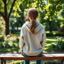 A high school girl sitting on a wooden bench in a school park, with her back facing the viewer