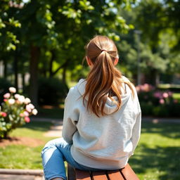 A high school girl sitting on a wooden bench in a school park, with her back facing the viewer