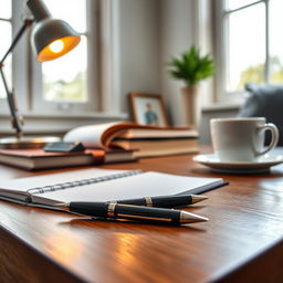 A beautifully arranged workspace featuring a stylish pen gracefully placed on a polished wooden desk
