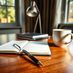 A beautifully arranged workspace featuring a stylish pen gracefully placed on a polished wooden desk