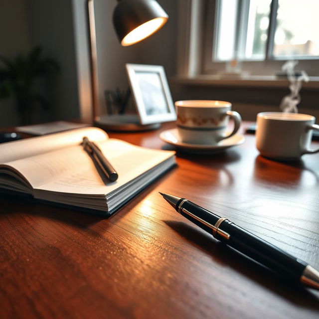 A beautifully arranged workspace featuring a stylish pen gracefully placed on a polished wooden desk