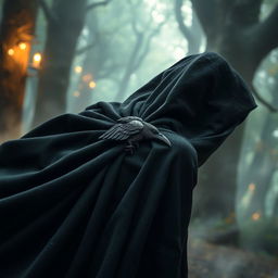 A magical black cloak featuring a striking raven clasp that elegantly fastens the fabric