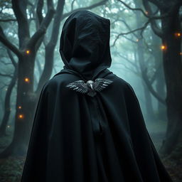 A magical black cloak featuring a striking raven clasp that elegantly fastens the fabric