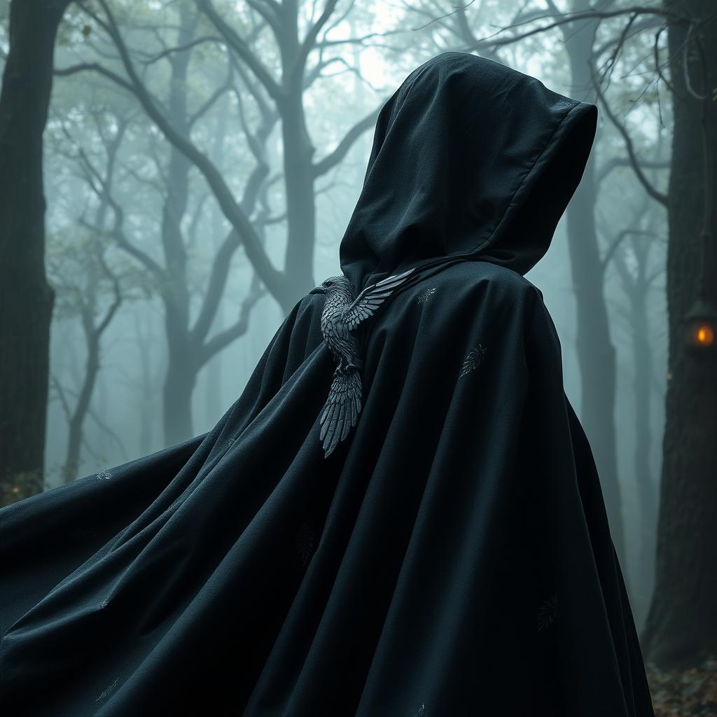 A magical black cloak featuring a striking raven clasp that elegantly fastens the fabric