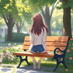 A high school girl sitting on a wooden bench in a school park, with her back facing the viewer, depicted in a soft art style