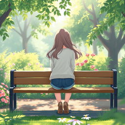 A high school girl sitting on a wooden bench in a school park, with her back facing the viewer, depicted in a soft art style