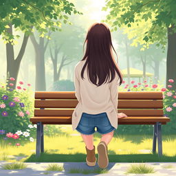 A high school girl sitting on a wooden bench in a school park, with her back facing the viewer, depicted in a soft art style