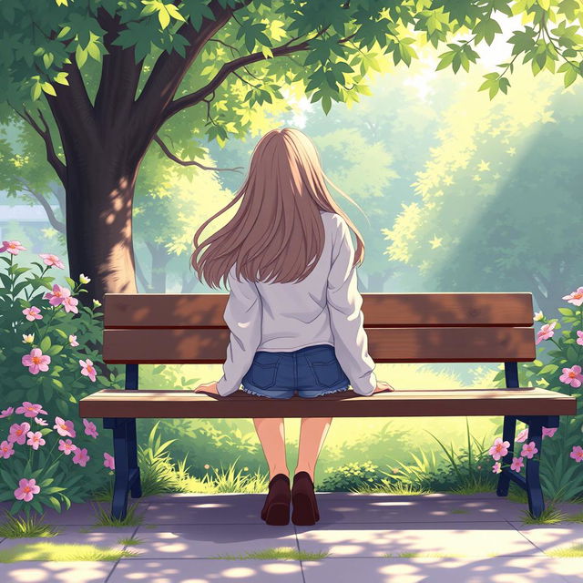 A high school girl sitting on a wooden bench in a school park, with her back facing the viewer, depicted in a soft art style