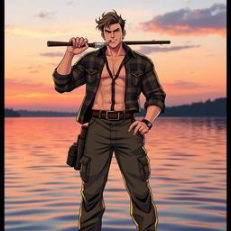 A heroic figure standing tall with a fishing rod in hand, confidently posing with a cigarette loosely held in their mouth