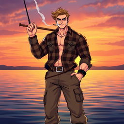 A heroic figure standing tall with a fishing rod in hand, confidently posing with a cigarette loosely held in their mouth