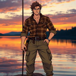 A heroic figure standing tall with a fishing rod in hand, confidently posing with a cigarette loosely held in their mouth
