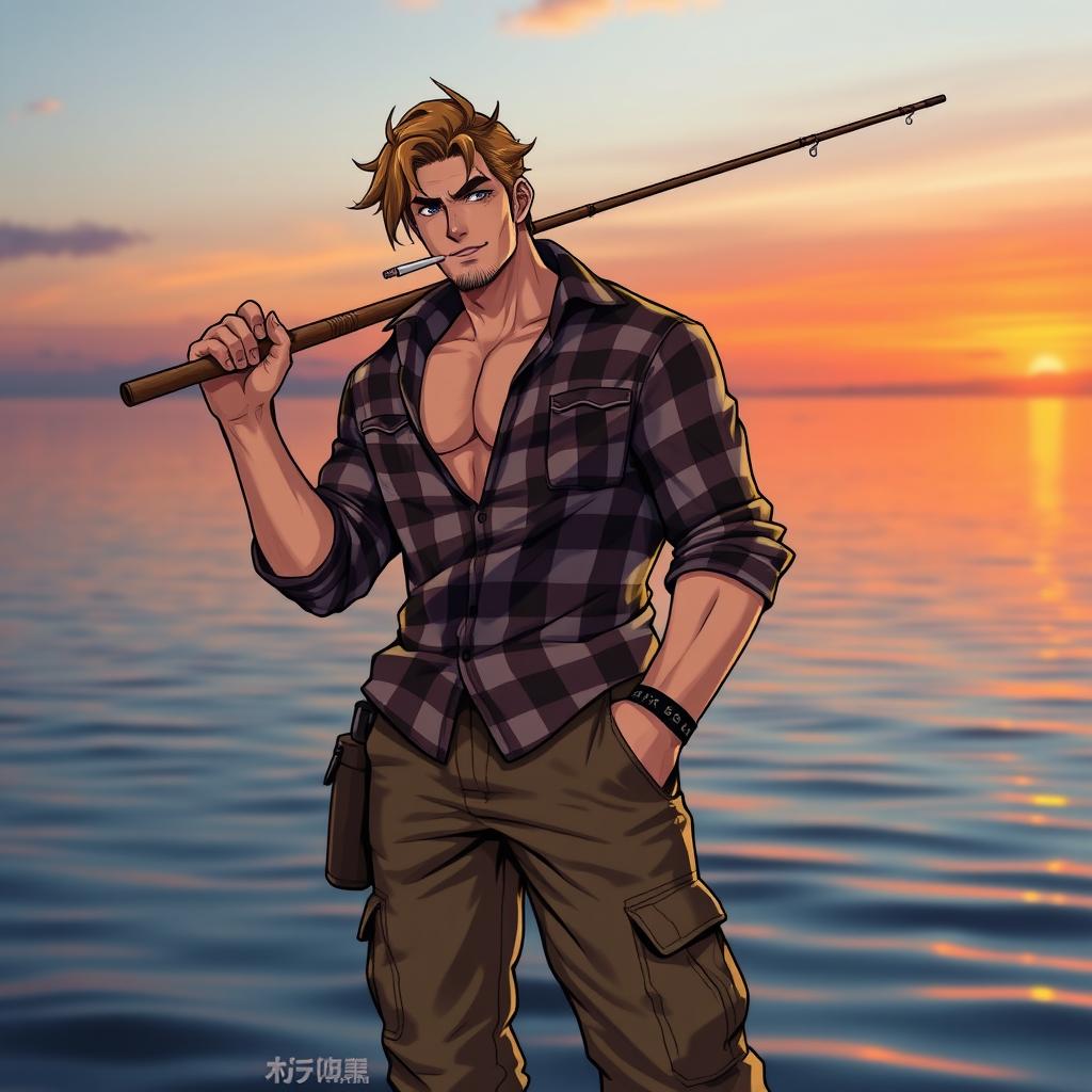 A heroic figure standing tall with a fishing rod in hand, confidently posing with a cigarette loosely held in their mouth